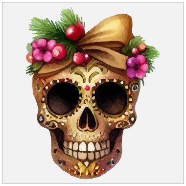 Ürkütücü bir Noel kafatası şekli. Kötü Noel Baba kafatası, baston şeker, ökseotu. Kırmızı şapkalı ölü kafalar. Grunge tarzında, Xmas dekoru olan gotik suluboya. Sürünen arka plan, suluboya Kafatası Noel