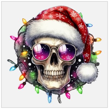 Ürkütücü bir Noel kafatası şekli. Kötü Noel Baba kafatası, baston şeker, ökseotu. Kırmızı şapkalı ölü kafalar. Grunge tarzında, Xmas dekoru olan gotik suluboya. Sürünen arka plan, suluboya Kafatası Noel