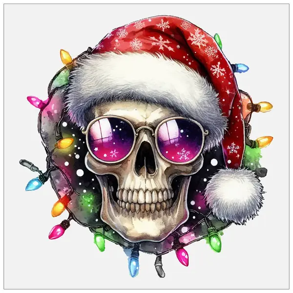 Ürkütücü bir Noel kafatası şekli. Kötü Noel Baba kafatası, baston şeker, ökseotu. Kırmızı şapkalı ölü kafalar. Grunge tarzında, Xmas dekoru olan gotik suluboya. Sürünen arka plan, suluboya Kafatası Noel