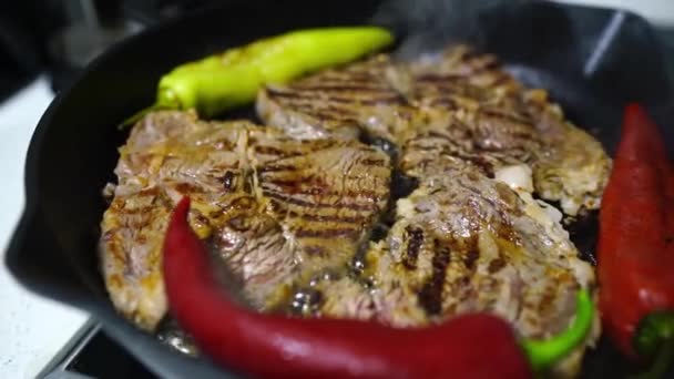 맛있는 고기에 향신료와 소스를 요리하는 — 비디오