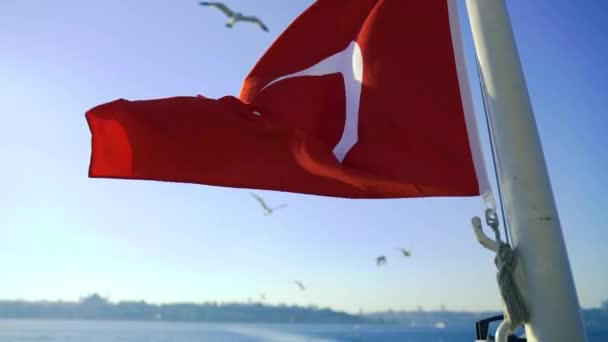 Flying Turkish Flag Blue Sky Background Waving Wind — Stock Video