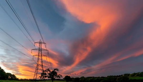 stock image Electrical power lines and towers at sunset. High quality photo