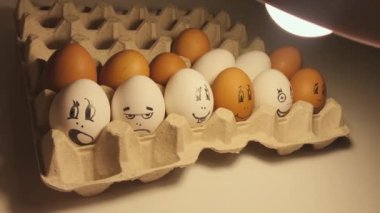 Chicken eggs painted in cartoon faces with different grimaces. Funny and interesting cartoon faces. Chicken eggs under the lamp.