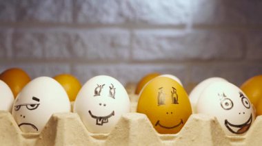  Funny and interesting cartoon faces. Chicken eggs painted in cartoon faces with different grimaces. Chicken eggs under the lamp.