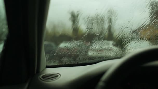 Hiding Car Rain Calm Quiet Spring Rain Raindrops Running Windshield — Stock Video