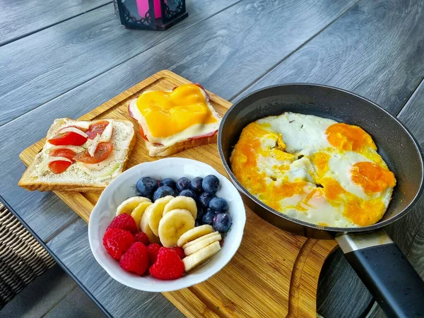 Healthy Breakfast Winners Athletes Eggs Banana Raspberry Blueberry Toast High — Stock Photo, Image