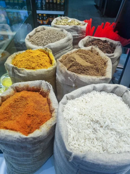 Indian spices and rice in spice sacks - Indian cuisine. High quality photo