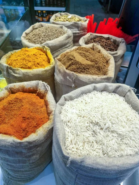 Indian spices and rice in spice sacks - Indian cuisine. High quality photo