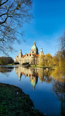 Hanover Maschpark yeni belediye binası göl suyunda güzel bir ağaç yansıması var. Yüksek kalite fotoğraf
