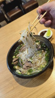 Pho Biftek, Tavuklu Biftek Köfte Köfte Geleneksel Vietnam eriştesi çorbası. Çubuklu şifalı otlar. Yüksek kalite fotoğraf