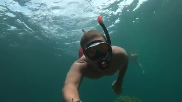 タイで泳ぐためのマスクとゴーグルを着用した水中シュノーケリング 高品質の4K映像 — ストック動画