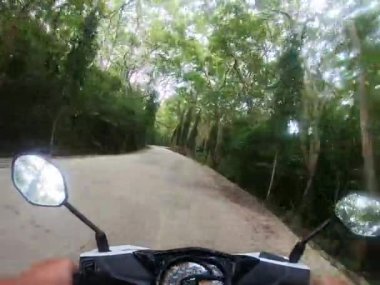 Bir insan motosikletle Filipinler 'de ağaçlar, otlar ve doğal manzaralarla dolu bir yolda seyahat eder. 