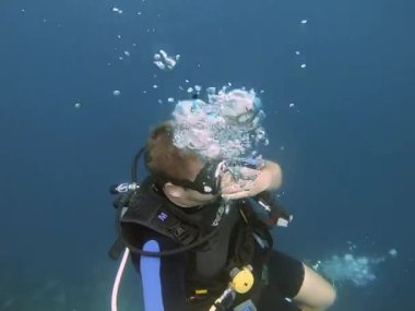 Dalgıç donanımlı bir dalgıç sualtı dünyasını keşfediyor. Kafasında dalış maskesi ile, okyanus Bohol Filipinleri 'nin sıvı çevresiyle çevrilidir.