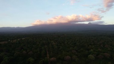 Gün batımında arka planda Kilimanjaro dağlarının bulunduğu bir ormanın nefes kesici hava manzarası, gökyüzünde canlı renkler ve bulutlar olan Tanzanya Arusha Afrika 'nın bulutlarını sergiliyor.