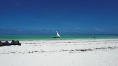 Ufukta yelkenli yelkenlisi olan kumlu bir sahilde, gökyüzüne karşı bir palmiye ağacı kemeri. Su, bitki, FPV Drone Pilot ve Paje Beach Zanzibar Tanzanya Afrika 'nın mükemmel kombinasyonu 