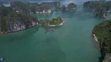 Uçsuz bucaksız bir okyanus gölü manzarası. Etrafı ağaçlar ve bitkilerle çevrili adalarla çevrili. Halong Körfezi Hanoi Vietnam manzarası 5K.
