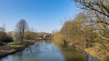 Parlak güneşin altındaki yemyeşil bir ormanın içinden akan sakin bir nehir su, ağaç ve gökyüzünün karışımı ile güzel bir doğal manzara yaratır.