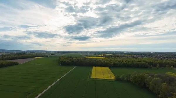 Çayırlık arazisi ve bulutlu bir gökyüzü altında ağaçlarla dolu doğal bir manzara, havadan bakıldığında 4K FPV 'nin Hanover Seelze Almanya görüşü ile barışçıl ve sakin bir atmosfer yaratıyor. 