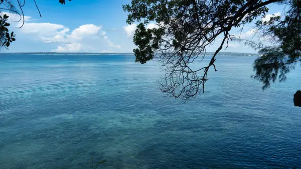 Güzel ve huzurlu bir okyanus manzarası, berrak suları ustalıkla sergiliyor parlak bir gökyüzü altında Zanzibar Afrika