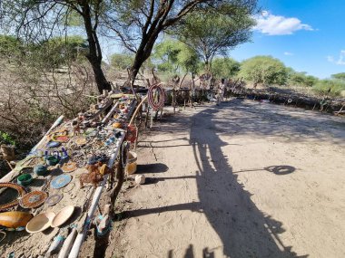 Huzurlu, sakin, tarangire tanzanya Afrika maasai ağacının altında sergilenen güzel el sanatlarının canlı ve renkli bir gösterisi.