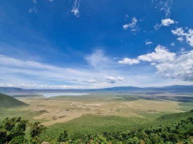 Nefes kesen panoramik manzara, berrak mavi gökyüzünün altında güzelce aydınlatılan sakin bir manzarayı gösteriyor. Ngorongoro Tanzanya Afrika