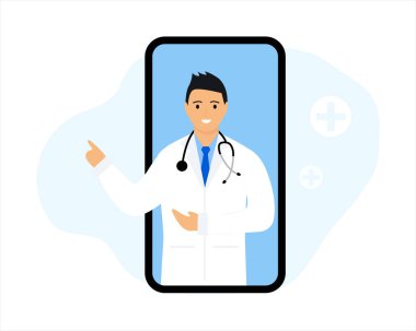 Online doctor consultation in mobile app with male doctor through phone screen. Medical online clinic, medicine and medical consultations, digital healthcare concept. Vector illustration