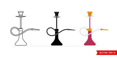 Üç tipli nargile simgesi: Renkli, siyah beyaz, ana hatlı. Beyaz arkaplanda izole vektör simgesi.