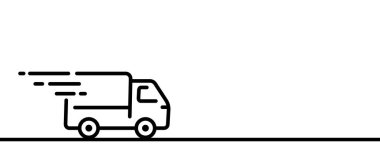 Afiş kamyonu, beyaz arka planda hızlı teslimat, sürekli çizim, minimalist vektör illüstrasyonu