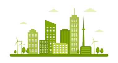  yeşil ekoloji şehri illüstrasyonu ve akıllı şehir, ekoloji ve ekoloji yeşil enerji konsepti vektör illüstrasyonu temiz enerji konsepti vektörü yeşil şehir manzarası afişi izole tasarım unsurları