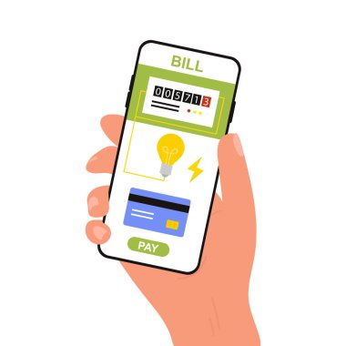 Telefondaki mobil uygulamayı kullanarak elektriği öde. Elektrik tüketimini karşılamak için el ele tutuşan akıllı telefon, ekranda elektrik faturası, mobil uygulama kullanarak elektrik tüketimini izleyen kişi, vektör