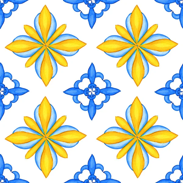 Majolica Watercolor Seamless Pattern Sicilian Hand Drawn Ornament Traditional Blue — стоковое фото