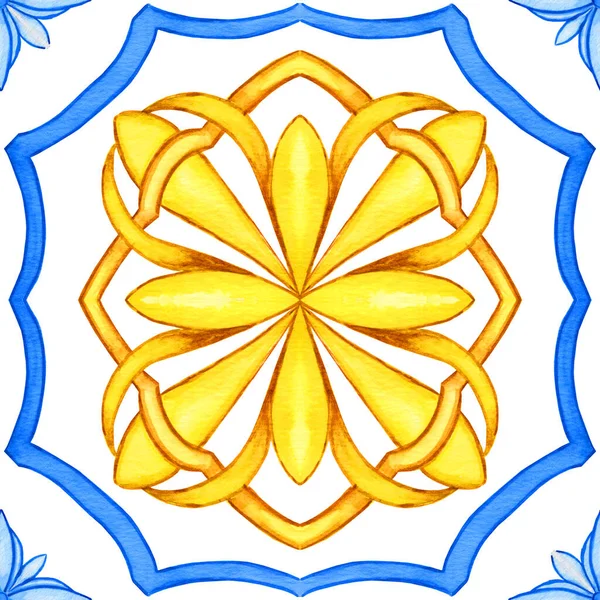 stock image Majolica watercolor seamless pattern. Sicilian hand drawn ornament. Traditional blue and yellow ceramic tiles. Portuguese traditional azulejo pattern. Moroccan style.	