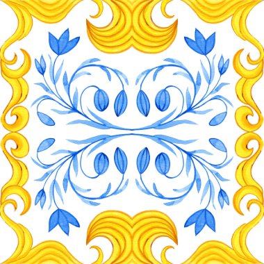 Majolica watercolor seamless pattern. Sicilian hand drawn ornament. Traditional blue and yellow ceramic tiles. Portuguese traditional azulejo pattern. Moroccan style.	