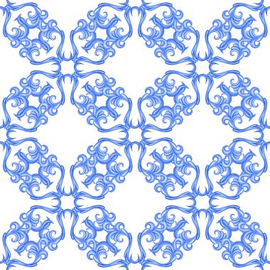 Majolica seamless pattern. Sicilian hand drawn blue ornament. Traditional blue and white ceramic tiles. Portuguese traditional azulejo pattern. Moroccan style.	