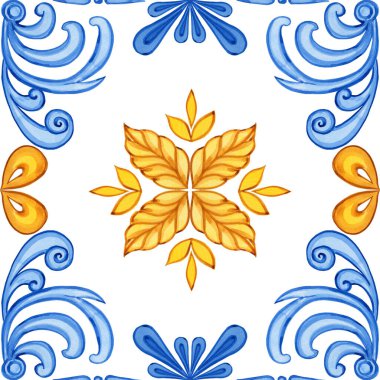 Majolica suluboya kusursuz desen. Sicilya el yapımı süs. Geleneksel mavi ve sarı seramik fayanslar. Portekiz geleneksel azulejo deseni. Fas stili.