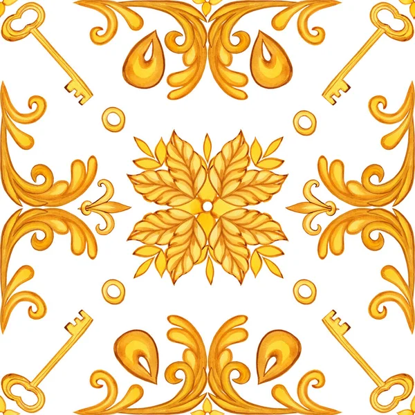 Złota Bezszwowa Majolica Akwarelowa Ręcznie Rysowane Akwarela Ilustracja Sycylijskich Wzorów — Zdjęcie stockowe