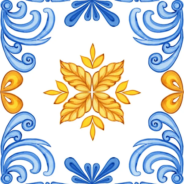 Майоліка Акварельний Візерунок Сицилійська Рука Малювала Орнамент Традиційні Сині Жовті — стокове фото