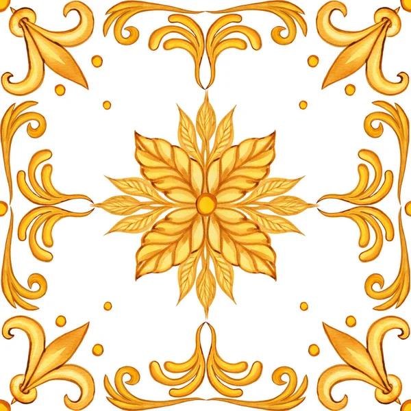 Goldene Nahtlose Majolika Aquarell Handgezeichnete Aquarell Illustration Sizilianischer Muster Auf — Stockfoto