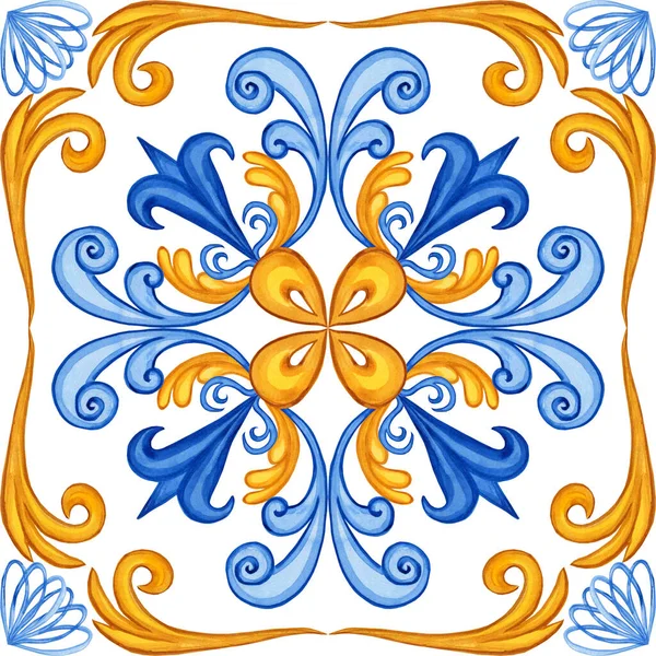 云杉水彩画无缝图案 西西里手绘装饰品 传统的蓝色和黄色瓷砖 葡萄牙传统的Azulejo模式 摩洛哥风格 — 图库照片