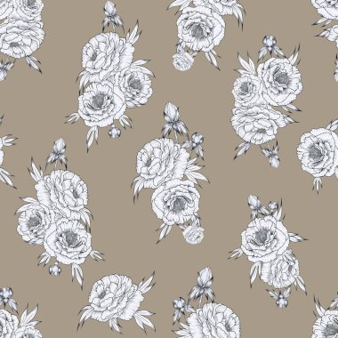 Siyah ve beyaz el çizimi şakayıklar ve kusursuz desenler. Kumaş ve duvar kağıtları için grafiksel olarak çizilmiş çiçekleri olan sonsuz bir arkaplan. Çiçeklerin sonsuz arkaplan kompozisyonları.