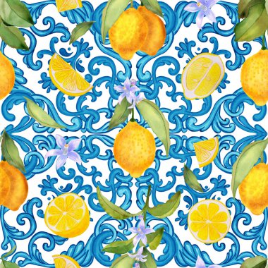 Akdeniz 'in pürüzsüz deseni. Mavi majolika fayanslar ve sarı limonlar sonsuz arka plan. Kumaş ve duvar kağıtları için geleneksel Sicilya baskısı. Mavi azulejo.
