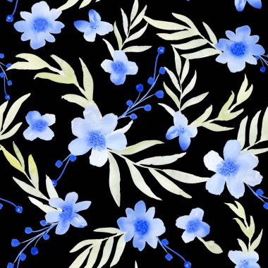 Mavi suluboya çiçekler ve pürüzsüz desenler. Kumaş ve duvar kağıtları için el çizimi soyut çiçek arkaplanı.