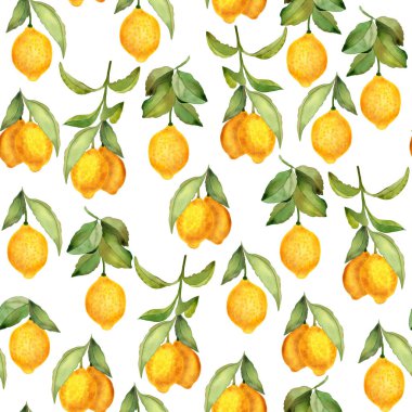 Yaprakları dikişsiz suluboya olan olgun sarı limon meyveleri. Kumaş ve duvar kağıtları için sonsuz bir arka plan. Citrus dalları egzotik arkaplan.