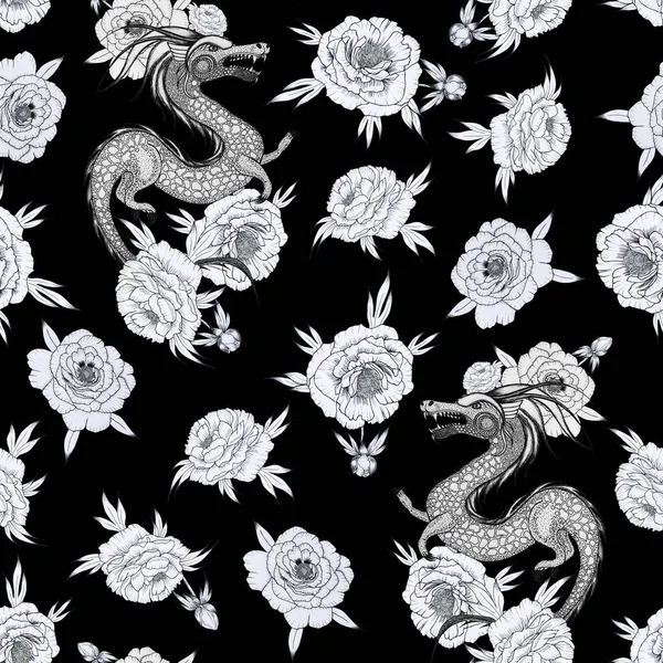 Dragon and peony flowers hand drawn sketch illustration seamless pattern. Black and white image of a fantastic reptile. Print for clothing in oriental style. Endless monochrome background.