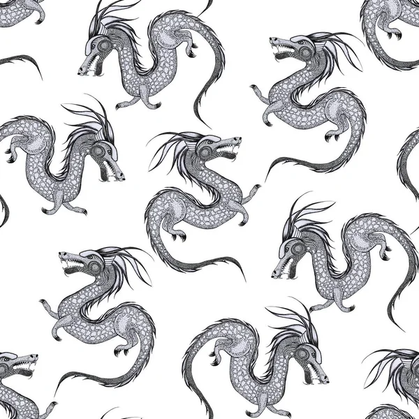 Dragon hand drawn sketch illustration seamless pattern. Black and white image of a fantastic reptile. Print for clothing in oriental style. Endless monochrome background.