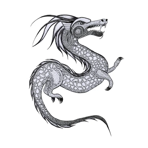 Dragon hand drawn sketch illustration. Black and white image of a fantastic reptile. Tattoo and coloring. Print for clothing in oriental style.
