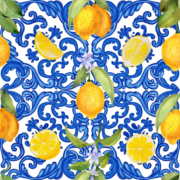 Padrão Sem Costura Mediterrânea Azulejos Majólicas Azuis Limões Amarelos Fundo — Fotografia de Stock
