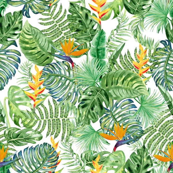 Tropiska Blad Och Blommor Akvarell Sömlös Mönster Exotiska Djungelväxter Oändlig — Stockfoto