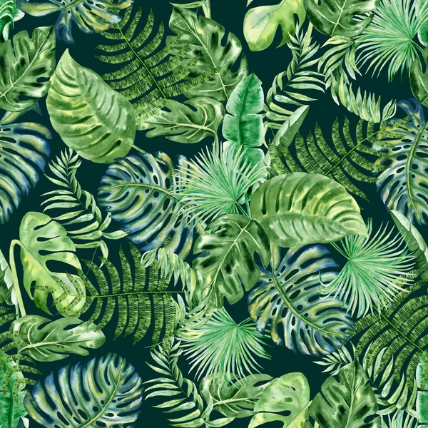 Tropische Blätter Nahtloses Aquarellmuster Handgezeichnete Illustration Grüner Pflanzenzweige Isoliert Auf — Stockfoto