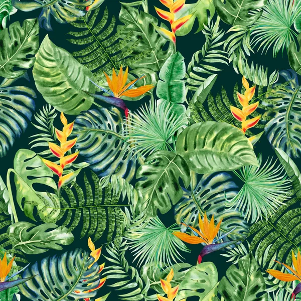 Tropical Leaves Flowers Watercolor Seamless Pattern Exotic Jungle Plants Endless — Stock Photo, Image